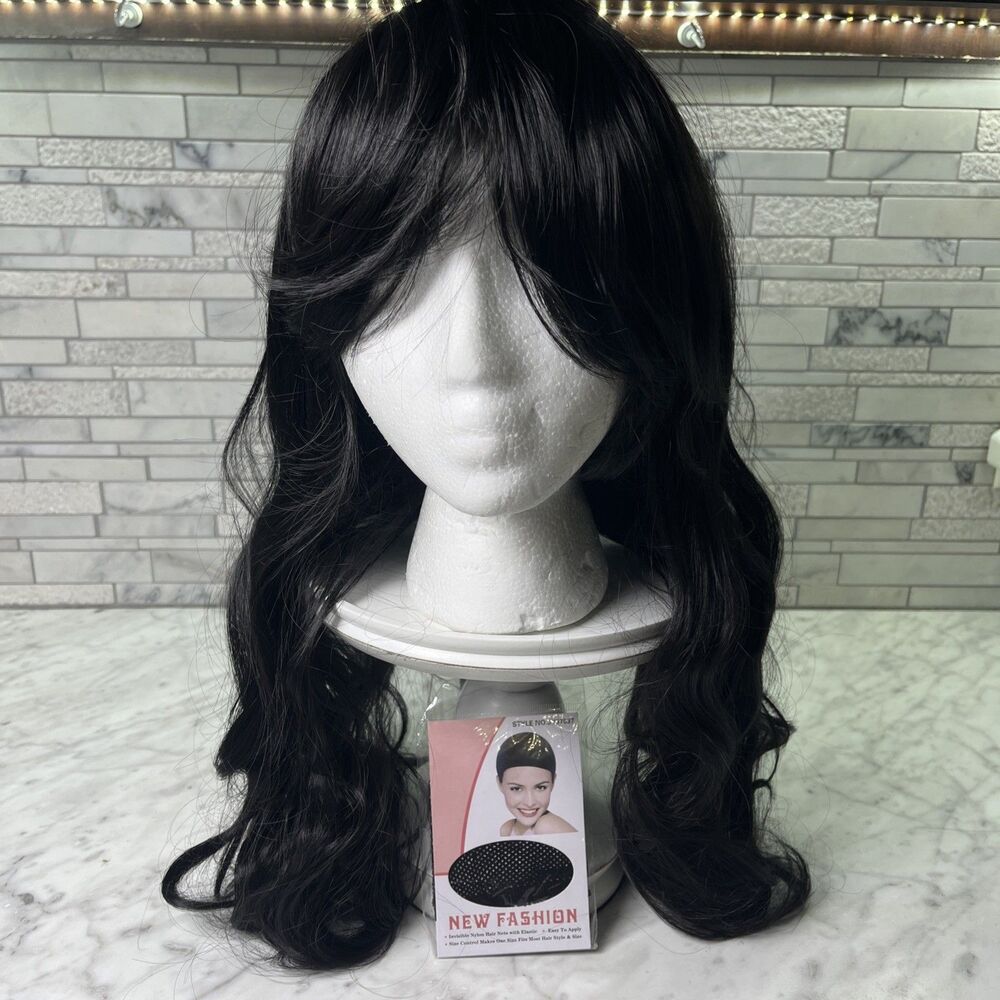 New Women Dark brown-black Long curled hair w/ curtain BANGS WIG 24 in party use